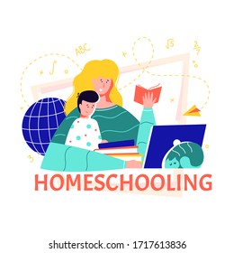 Mother and children home reading during Coronavirus quarantine. Stay at home, home education, homeschooling concept. E-learning, online education at home. Cartoon vector illustration.  