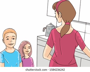 Mother Children Kitchen Stock Vector (Royalty Free) 1584236242 ...