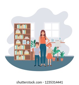 mother and children in livingroom avatar character