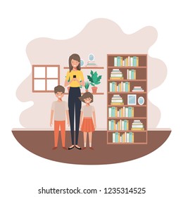 mother and children in livingroom avatar character