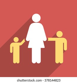 Mother And Children long shadow vector icon. Style is a flat light symbol with rounded angles on a red square background.