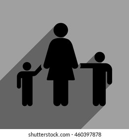 Mother and Children long shadow vector icon. Style is a flat mother and children black iconic symbol on a gray square background with longshadow.