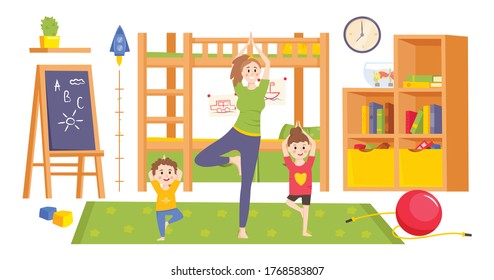 Mother and children making yoga exercises together. Time to yourself. Healthcare, fitness workout, beauty concept. Editable vector illustration in a flat cartoon style isolated on a white background