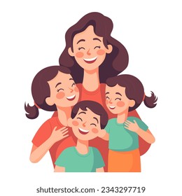 Mother with children, Mom with son and daughter, Happy Family Moments, Flat Style Cartoon Illustration Vector. Mother's Day Concept.
