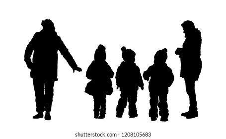 Mother With Children And A Nanny For A Walk. Walking Tour. Siluet Children And Women. Vector Black On White Isolated Background