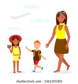 Mother with Children on Holiday Cartoon Characters. Summer Vacation. Girl with Coconut Cocktail, Juice. Toddler with Backpack Vector Illustration. Airplane in Sky Flat Drawing. Parent, Children