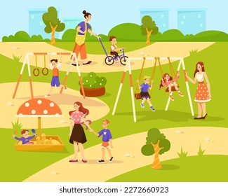 Mother with Children on Playground Enjoying Walking Outdoor Vector Illustration
