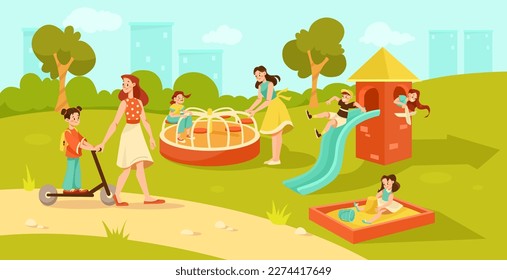 Mother with Children on Playground Enjoying Walking Outdoor Vector Illustration
