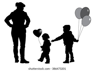 Mother and children on a walk. Children play with balloons. Silhouettes on a white background.