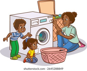 mother and children operating the washing machine.Cute little boy helps his mother to do the laundry with the washing machine