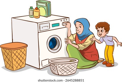 mother and children operating the washing machine.Cute little boy helps his mother to do the laundry with the washing machine