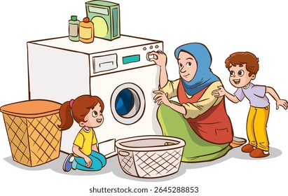 mother and children operating the washing machine.Cute little boy helps his mother to do the laundry with the washing machine