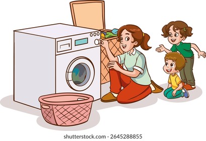 mother and children operating the washing machine.Cute little boy helps his mother to do the laundry with the washing machine