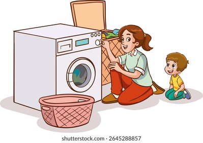 mother and children operating the washing machine.Cute little boy helps his mother to do the laundry with the washing machine