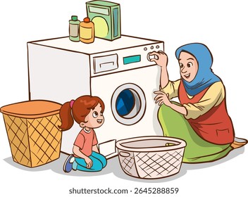 mother and children operating the washing machine.Cute little boy helps his mother to do the laundry with the washing machine