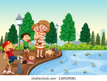 Mother and children at the park illustration