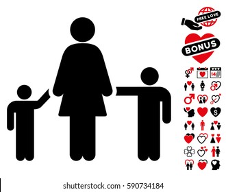 Mother Children pictograph with bonus love graphic icons. Vector illustration style is flat iconic intensive red and black symbols on white background.
