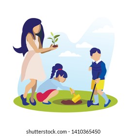 Mother Children Planting Garden Cartoon Mom Stock Vector (Royalty Free ...