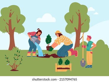 Madre e hijos plantando árboles al aire libre de ilustración plana vectorial. Mujer y dos niños en la huerta en el campo. 