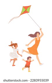 Madre e hijos jugando con el estilo plano de cometa voladora, ilustración vectorial aislada en fondo blanco. Actividades familiares, diversión y ocio, elemento de diseño decorativo