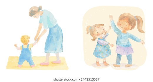 mother and children playing together watercolor vector illustration 