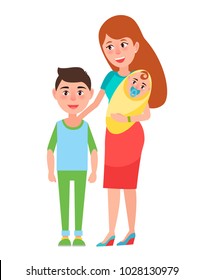 Mother and children, poster with family banner, mother and teenage boy, newborn kid, happiness and good vibes, vector illustration, isolated on white