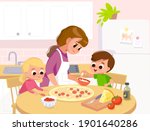 Mother with children preparing, cook homemade pizza. Mom with kids, son and daughter in kitchen teaches  how to cook.