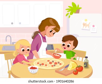 Mother with children preparing, cook homemade pizza. Mom with kids, son and daughter in kitchen teaches  how to cook.