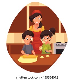 Mother and children preparing cookies in kitchen, cartoon vector illustration. Mom and kids cooking biscuits. Happy brother and sister baking cookies with mom