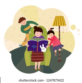 Mother and children reading story books on the couch