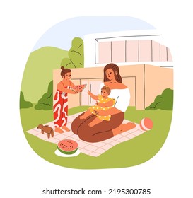 Mother, children relax on backyard lawn, outside of house. Mom and kids together on grass blanket on summer holiday. Summertime weekend outdoors. Flat vector illustration isolated on white