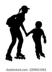 Mother and children roller skating family enjoying in park vector silhouette illustration isolated on white background. Skater boy riding wheels with mom. Woman rollerblading sport recreation shape.