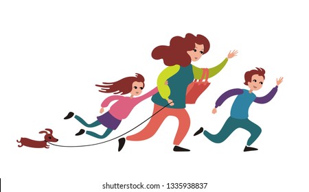 Mother and children run or hurry. Back to school. Late for bus. Silhouettes of woman, boy, girl and dog. People in motion. Funny mom and kids figures. Cartoon characters. Vector illustration.