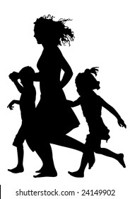 Mother With Children Running Silhouette Vector