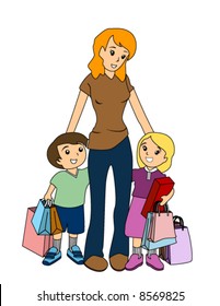 Mother and Children Shopping - Vector