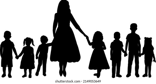 mother and children silhouette, on white background, isolated, vector