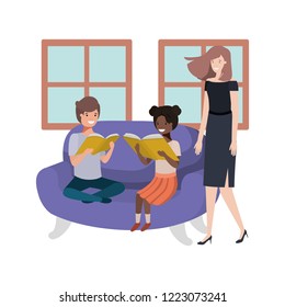 mother and children sitting in couch avatar character