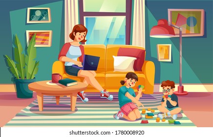 Mother children spend summer weekend time together at cozy home living room. Loving mom freelancer working remotely sitting on couch. Children playing together on carpet. Work, rest and relax