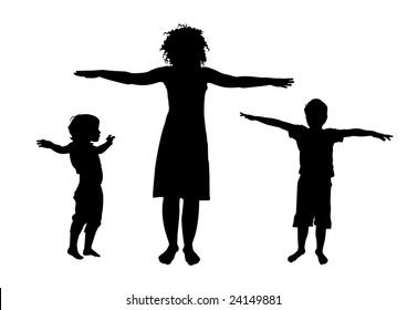 Mother and children sport training silhouette vector