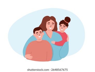 Mother with children together, hugs them, rejoice. Happy family with son and daughter. Vector flat graphics.