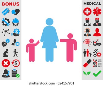 Mother And Children vector icon. Style is bicolor flat symbol, pink and blue colors, rounded angles, white background.