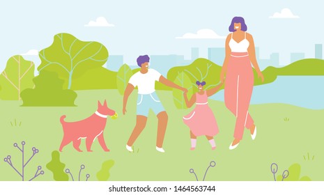 Mother and Children Walking Dog in Park Cartoon. Happy Mom and Son Hold Daughter Hands. Puppy with Ball in Teeth Waits for Games. Vector Natural Landscape Illustration. Flat Skyscrapers on Backdrop