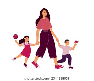 Mother and Children walking outdoor together.Mom spending time with her Son , Daughter.Happy Parenting.Family Loving,Warm relationships,Girl and Boy trust Mommy.Woman and Kids.Flat vector illustration