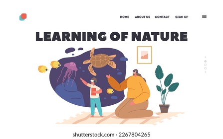 Mother And Children Wear Vr Headsets Study Nature, Underwater Animals Landing Page Template. Curious Family Characters Immersed In Educational Learning Experience. Cartoon People Vector Illustration