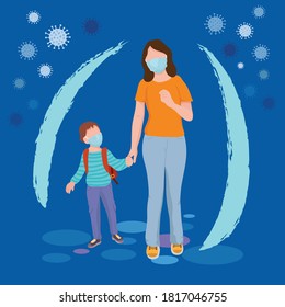 Mother and children wearing protection mask,  illustration vector cartoon