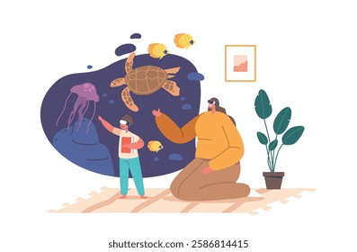 Mother And Children Wearing Vr Headsets Study Nature and Underwater Animals In Home Setting Vector Illustration