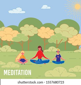 Mother with Children Yoga Meditation Outdoor.