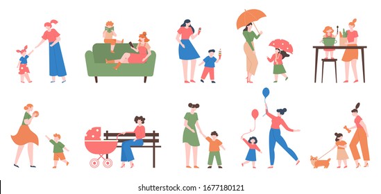 Mother and children. Young happy mom and kids, daughter and son, playing, reading and cooking together, motherhood love vector illustration set. Motherhood daughter, woman child happiness together