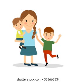 Mother with children. Young woman and two boys. happy family lifestyle. Vector illustration.