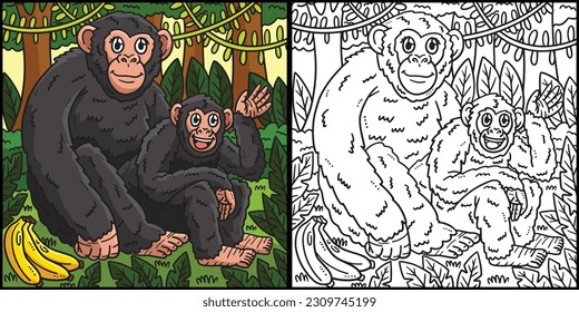 Mother Chimpanzee and Baby Chimpanzee Illustration